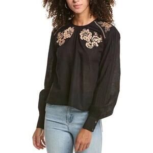 St. Roche Mortimer Blouse Embroidered Floral Pleated Tassel Back Black 4 NEW